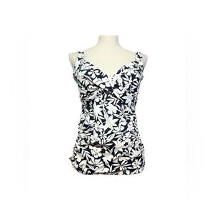 Lands’ End Black White Floral Tankini Top Sz 10 Underwire Adjustable Swim Straps